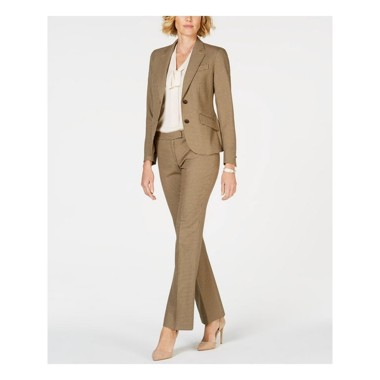 ANNE KLEIN Womens Beige Plaid Blazer Straight leg Pant Suit Size