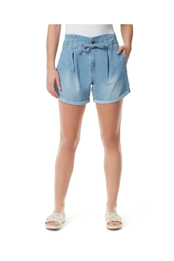 Womens Blue Pocketed Zippered Button Closure Drawstring High Waist Shorts 16