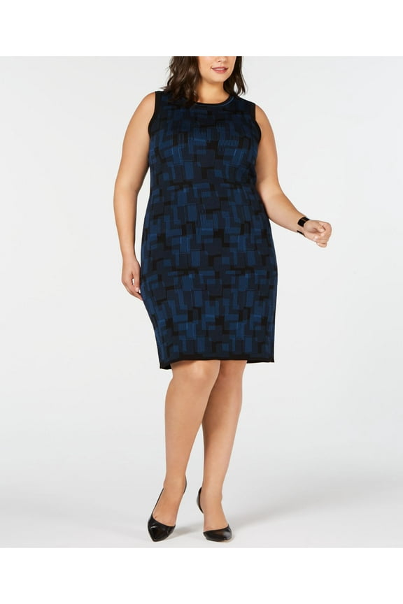 Womens Blue Printed Sweater Sheath Dress 1X Plus