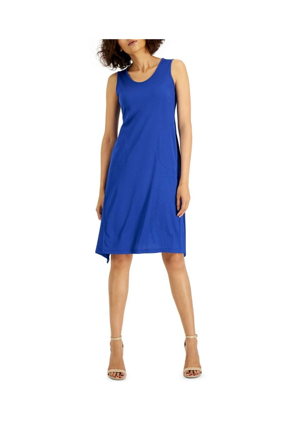 Womens Blue Ribbed Pocketed Pullover Handkerchief Hem Sleeveless Scoop Neck Midi Wear To Work Fit + Flare Dress S