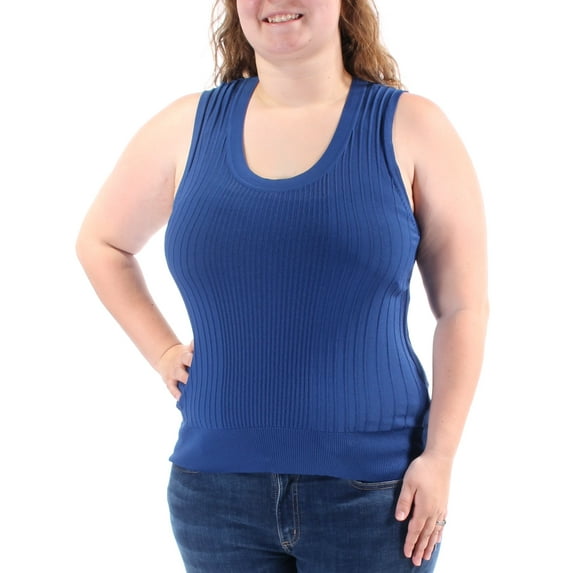 ANNE KLEIN Womens Blue Textured Sleeveless Scoop Neck Top Size: L