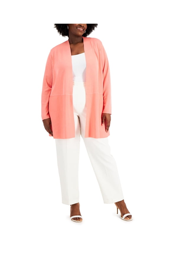Womens Coral Pocketed Drop Shoulders Long Sleeve Open Front Cardigan Plus 2X