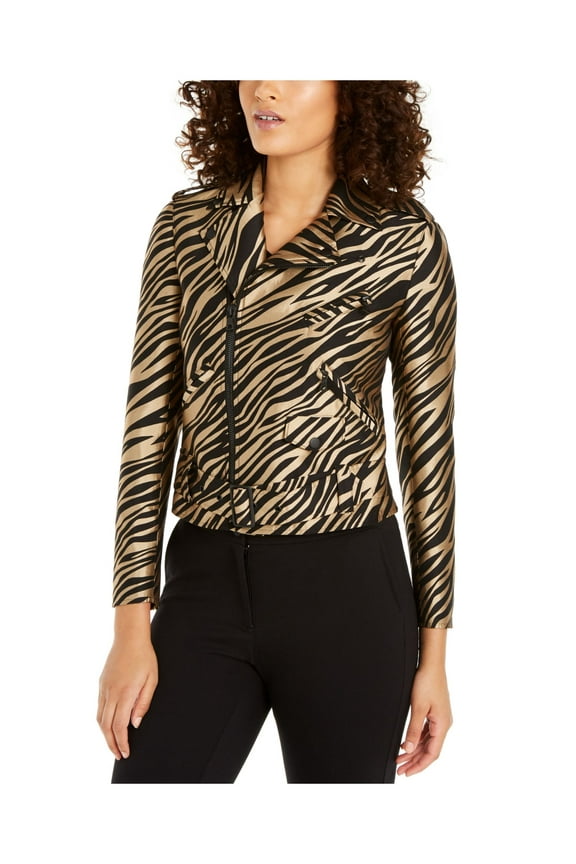 Womens Gold Zippered Belted Printed Bolero Jacket Size: 10