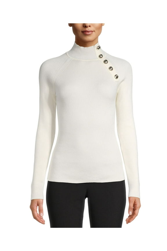 Womens Ivory Faux Button Long Sleeve Turtle Neck Wear To Work Blouse XXS