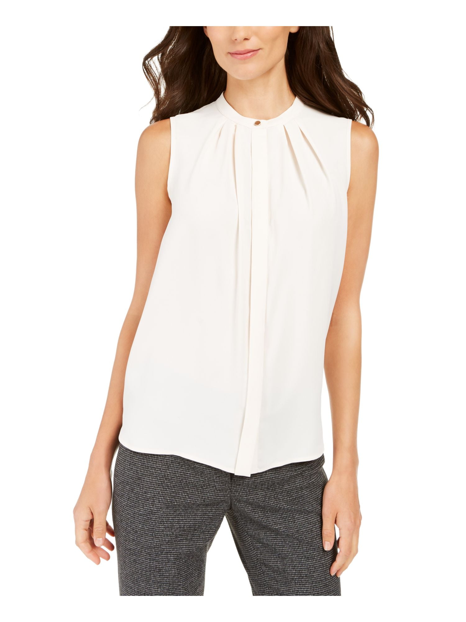 ANNE KLEIN Womens Ivory Sleeveless Mandarin Collar Wear To Work Blouse