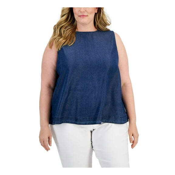 ANNE KLEIN Womens Navy Denim Sleeveless Round Neck Trapeze Top Plus 2X