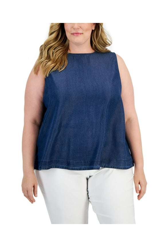 Womens Navy Denim Sleeveless Round Neck Trapeze Top Plus 2X