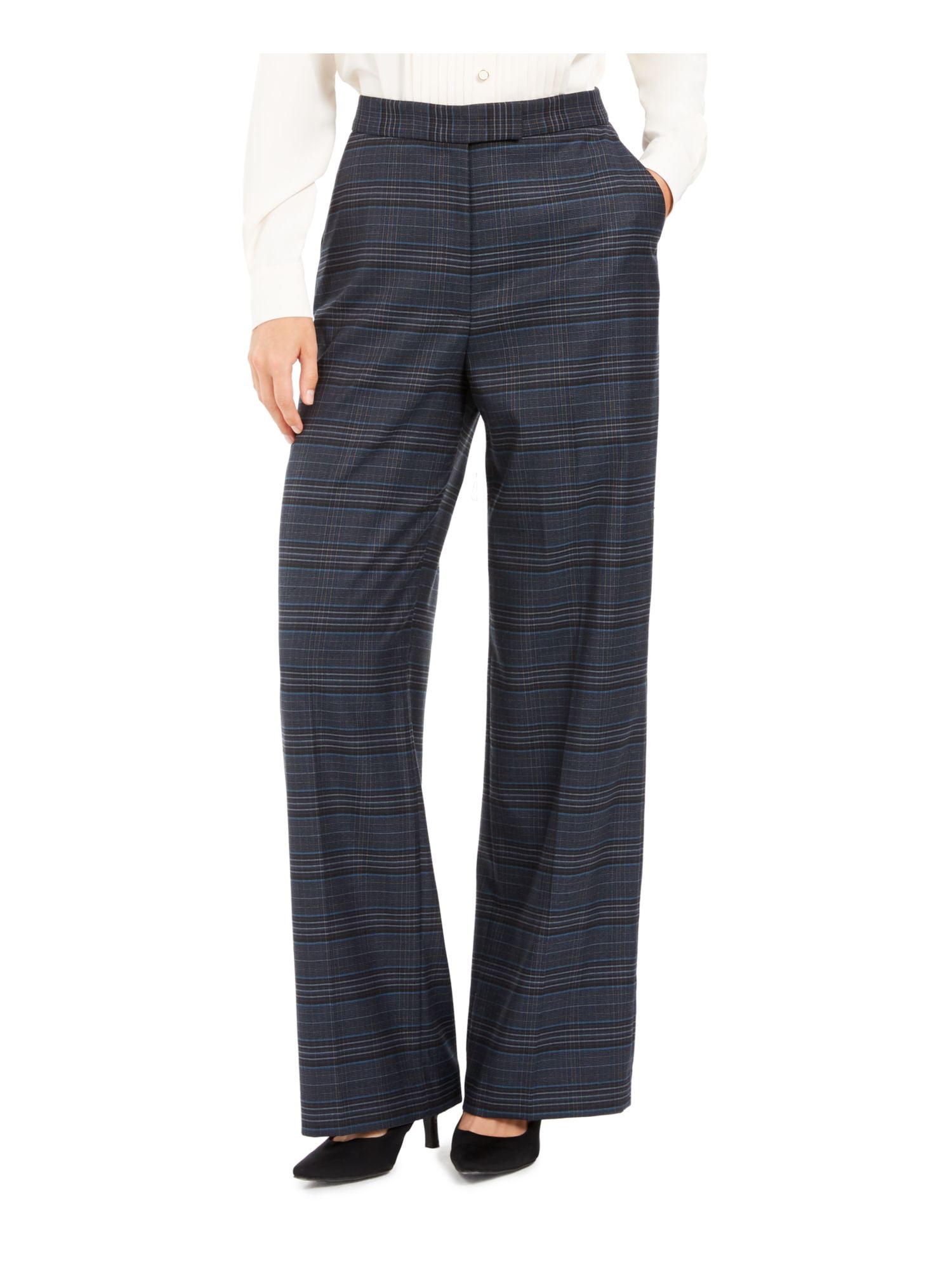 ANNE KLEIN Womens Navy Zippered Plaid Wide Leg Pants Size 2