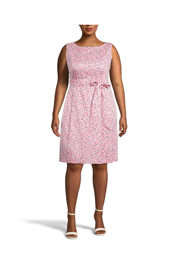 Womens Pink Zippered Tie Floral Sleeveless Boat Neck Above The Knee Fit + Flare Dress Plus 18W