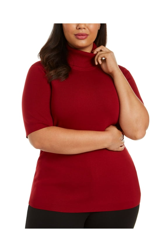 Womens Red Ribbed Elbow Sleeve Turtle Neck Sweater Plus Size: 1X