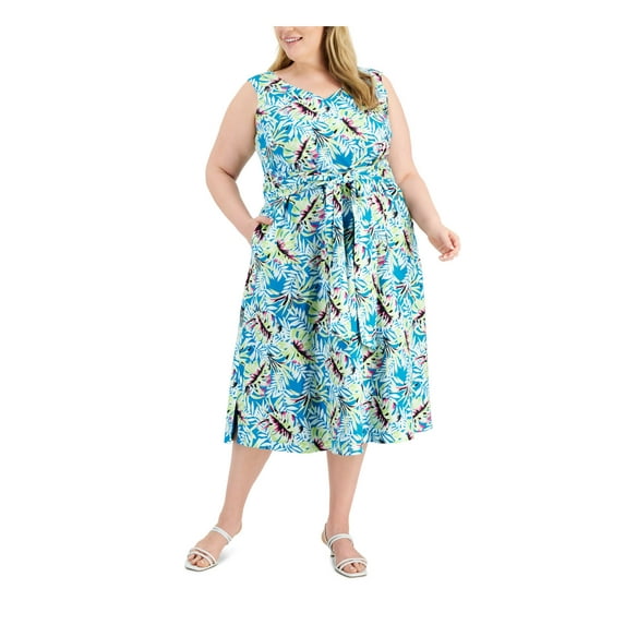 ANNE KLEIN Womens Teal Tie Lined Hook And Eye Closure Printed Sleeveless V Neck Midi Fit + Flare Dress Plus 1X