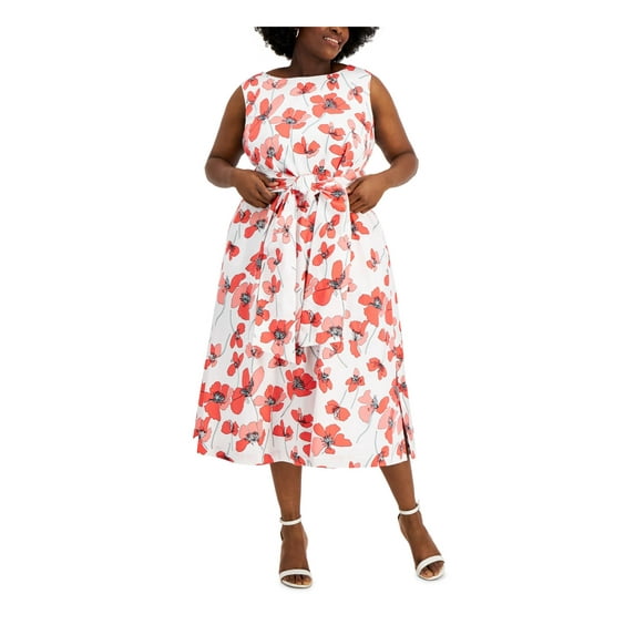 ANNE KLEIN Womens White Pocketed Tie Front Slit Hems Lined Floral Sleeveless Round Neck Midi Wear To Work Fit + Flare Dress Plus 3X
