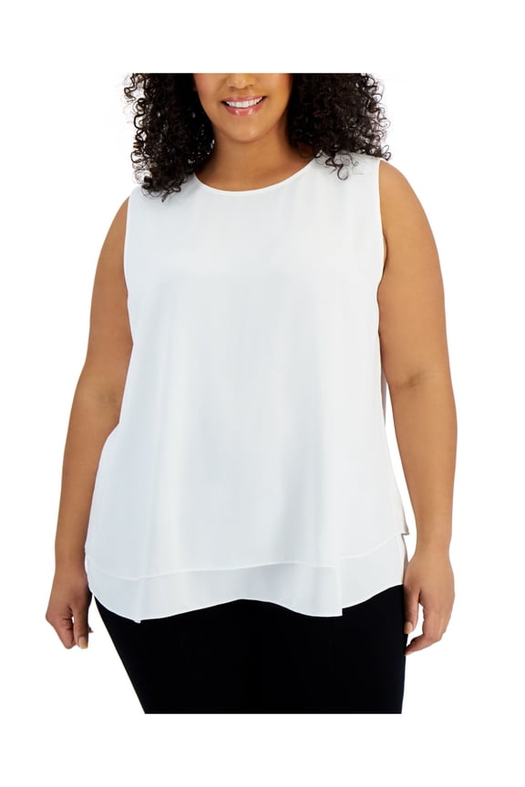 Womens White Sheer Lined Pullover Keyhole Back Sleeveless Crew Neck Top Plus 1X