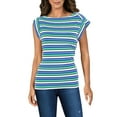 thumbnail image 1 of ANNE KLEIN Womens White Striped Cap Sleeve Boat Neck Top L, 1 of 1