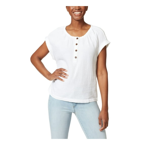 ANNE KLEIN Womens White Textured Henley Neckline Rolled Cuffs Striped Short Sleeve Top M