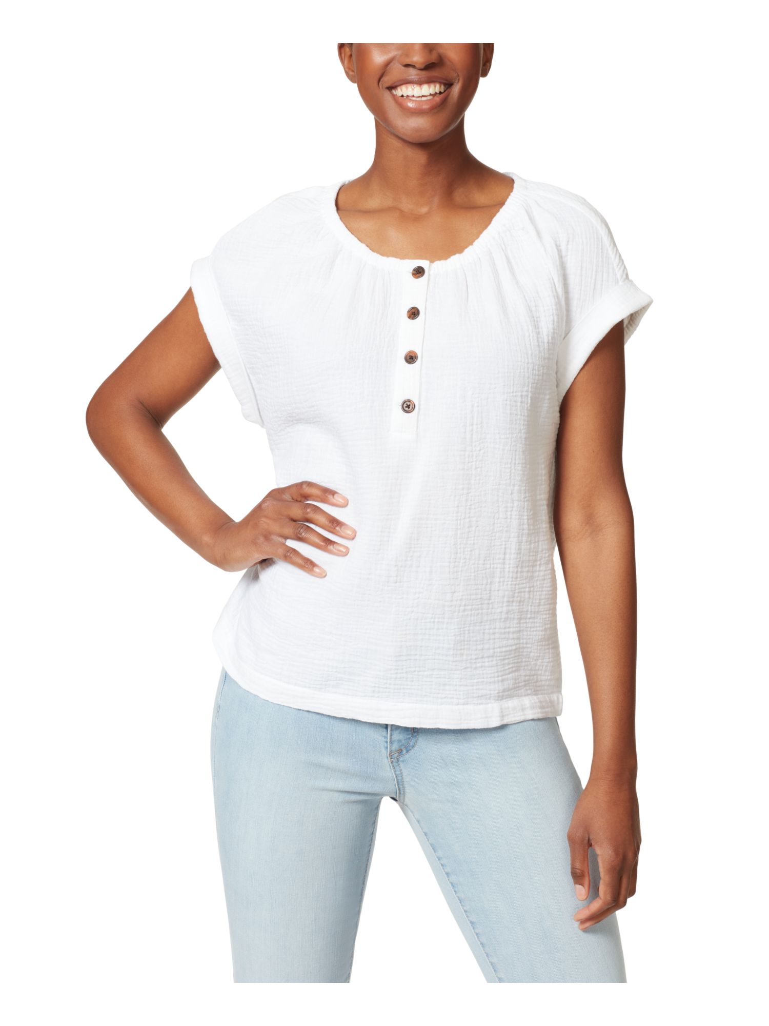 ANNE KLEIN Womens White Textured Henley Neckline Rolled Cuffs Striped Short Sleeve Top M