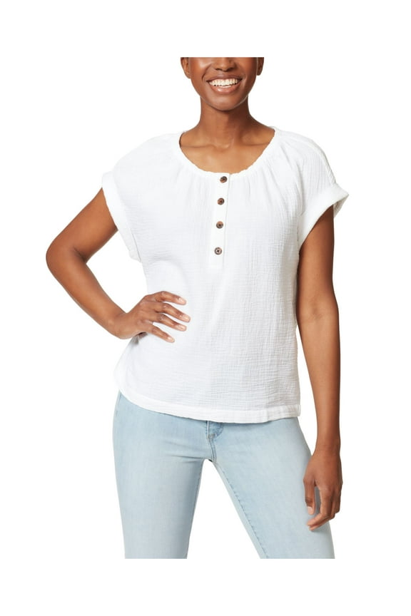 Womens White Textured Henley Neckline Rolled Cuffs Striped Short Sleeve Top M