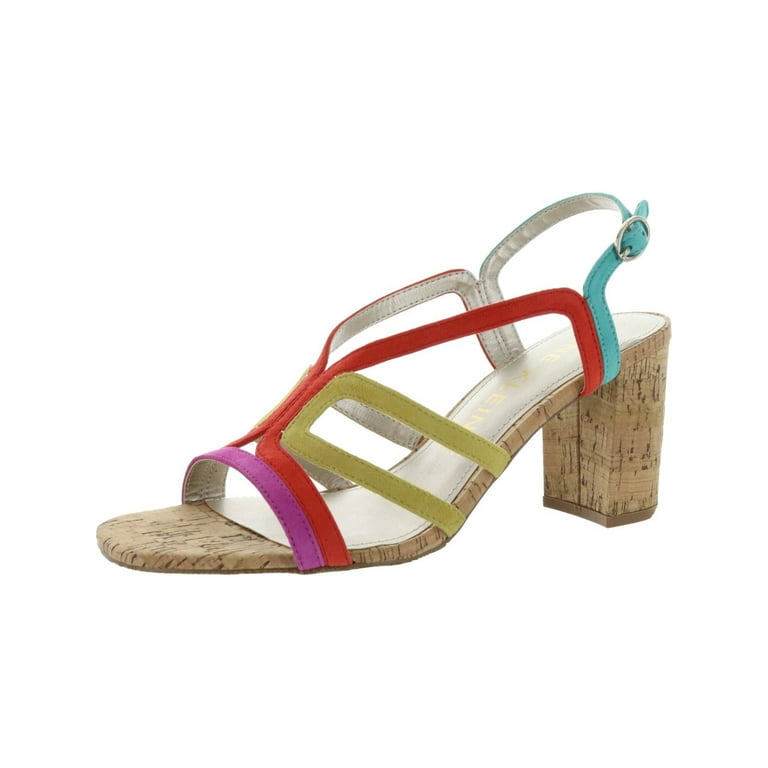 ANNE KLEIN Womens Yellow Multi Padded Stretch Strappy Halona Square Toe Block Heel Buckle Dress Slingback Sandal 9.5 M