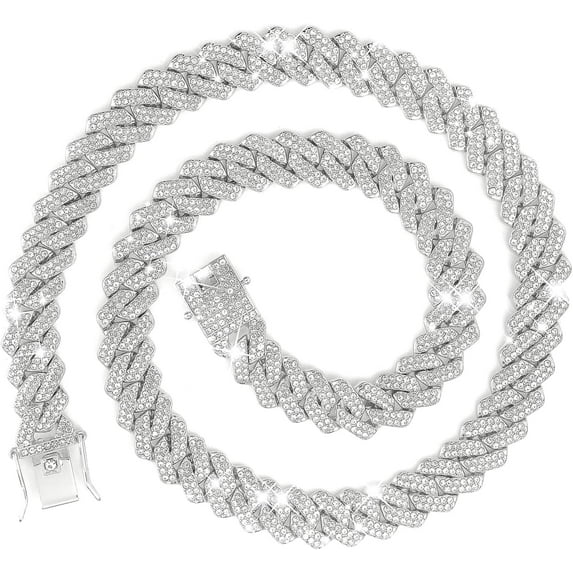ANNECOSK 14MM Cuban Link Chain Necklace – Iced Out Silver/Gold Diamond Hip Hop Bling Jewelry for Men & Women