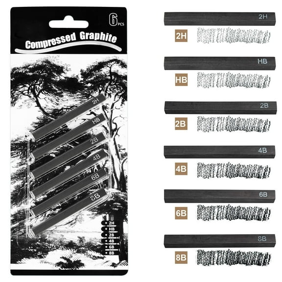 ANNECOSK Compressed Graphite, Square Drawing Charcoal Graphite Sticks for Artists, Pack of 6 (2H, HB, 2B, 4B, 6B and 8B)