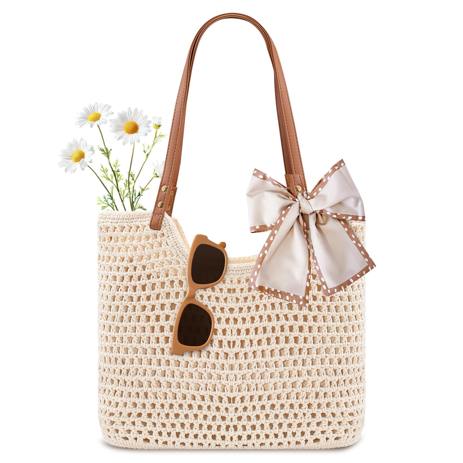ANNECOSK Crochet Beach Bag Purse – Boho Woven Tote with Leak-Proof Lining, Casual Shoulder Bag for Summer Vacation Travel, Soft & Stylish