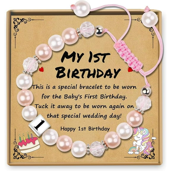 ANNECOSK Girls Birthday Bracelet, Adjustable Beaded Bracelet with Heart Charm, Natural Stone & Pearl Jewelry Gift for 1–16 Year Old Girls