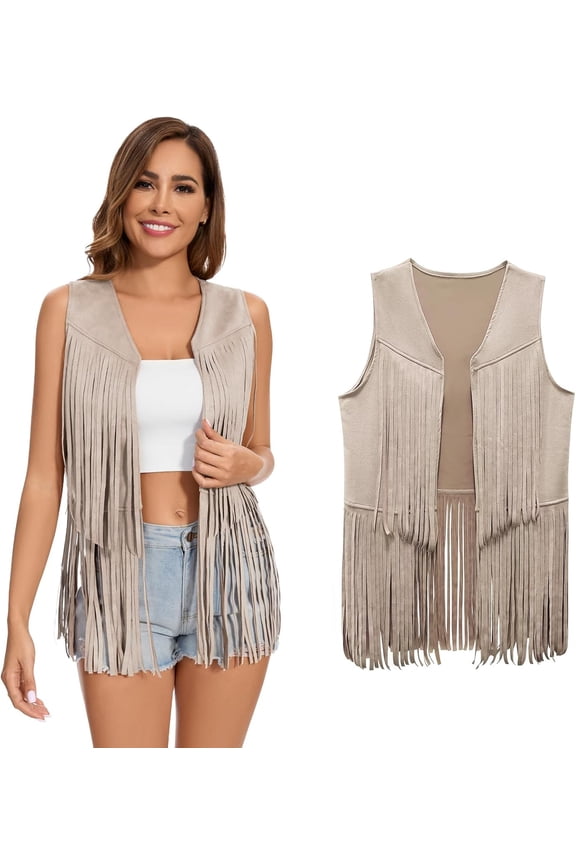 Women's Faux Suede Fringe Vest: 60s 70s Hippie Costume, Western Cowgirl Tassel Waistcoat for Halloween, Rodeo & Country Concerts