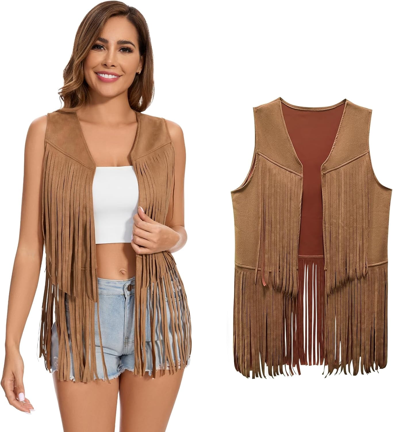 ANNECOSK Women's Faux Suede Fringe Vest: 60s 70s Hippie Costume ...