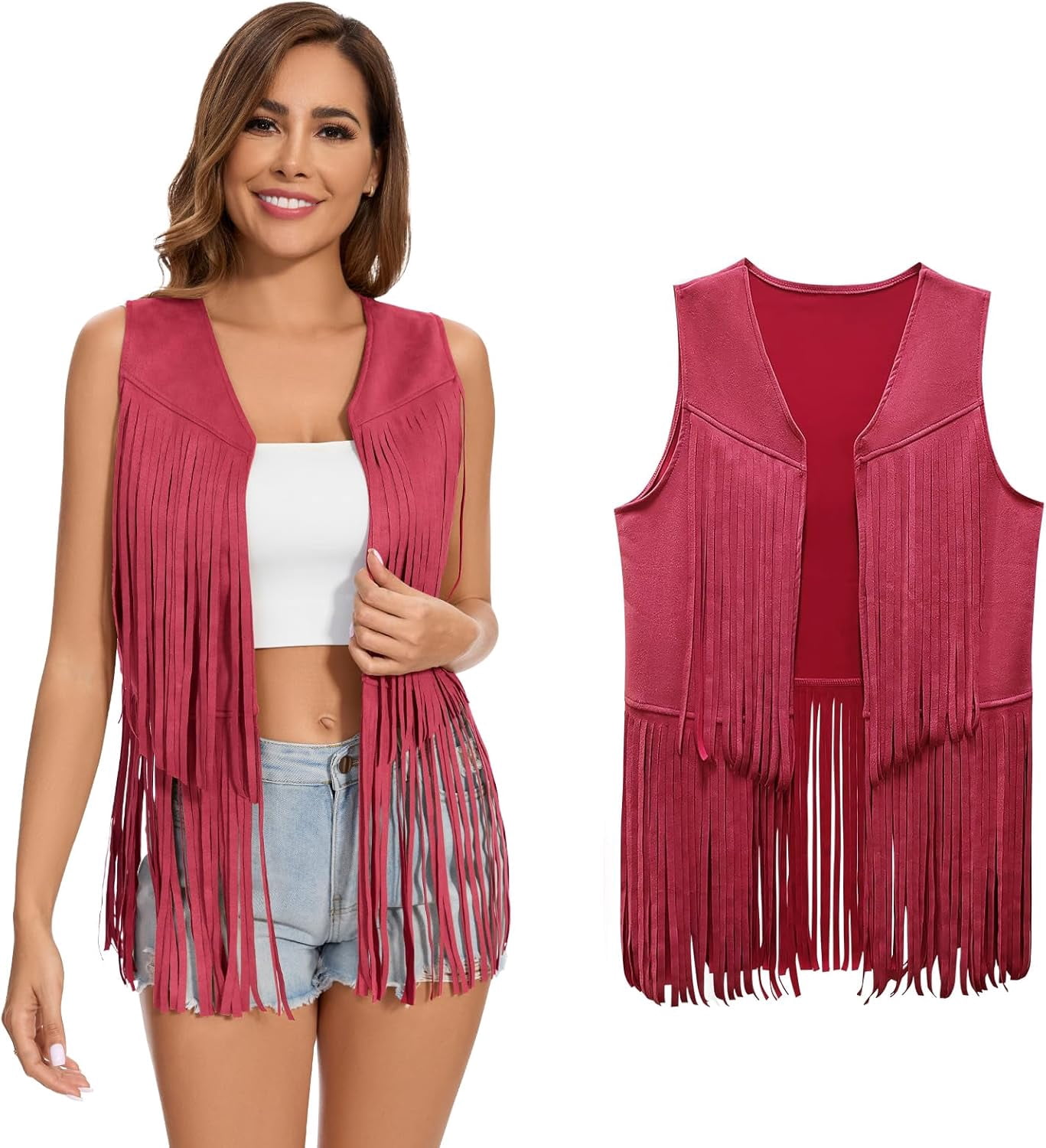 ANNECOSK Women's Faux Suede Fringe Vest: 60s 70s Hippie Costume ...