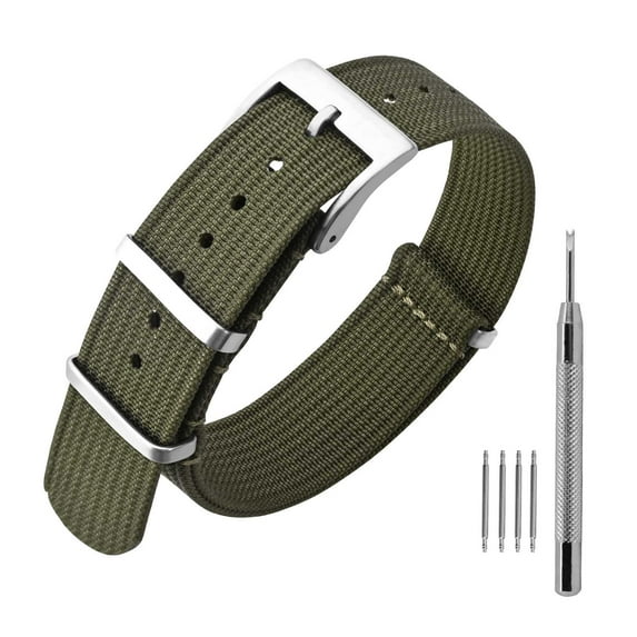 ANNEFIT Nylon Watch Band 18mm, One-Piece Waterproof Military Watch Straps with Heavy Silver Buckle (Army Green)