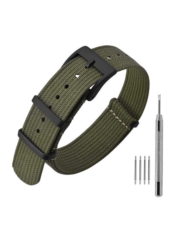 Nylon Watch Band 20mm, One-Piece Waterproof Military Watch Straps with Heavy Black Buckle (Army Green)