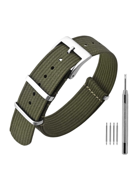 Nylon Watch Band 24mm, One-Piece Waterproof Military Watch Straps with Heavy Silver Buckle (Army Green)