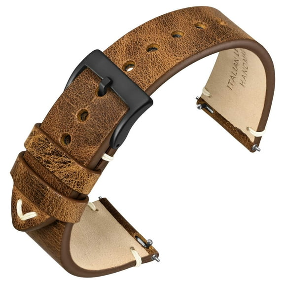 ANNEFIT Quick Release Watch Bands, Italian Vintage Leather Replacement Strap for Men and Women, Band Width 18mm with Black Buckle (Saddle Brown)
