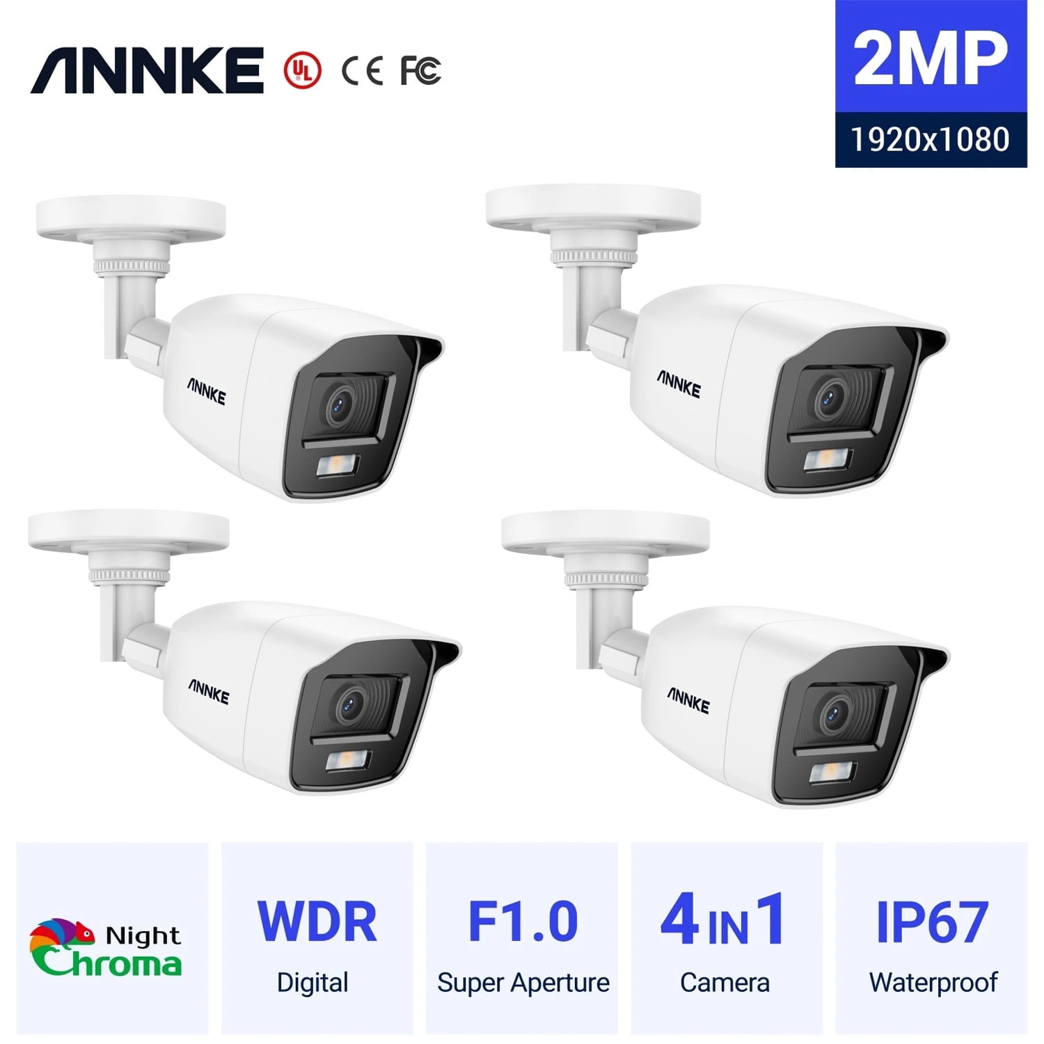 ANNKE 1080p 4PCS Color Night Vision Security Camera, 4-in-1 AHD/TVI/CVI/CVBS CCTV Bullet Wired Add–on Camera, 2.8mm Lens, IP66 Weatherproof Cam for Indoor/Outdoor (BNC Cable & Adapter Included)