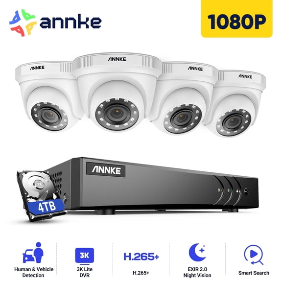 ANNKE 1080p CCTV Security Camera Systems, 8 CH 3K Lite H.265+ AI DVR 4TB HDD, Human/Vehicle Detection, 4x 2MP Wired Turret Cams, IP66 Weatherproof, Instant Email and App Alerts with Snapshots ﻿ ﻿ ﻿ ﻿