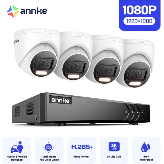 ANNKE 1080p CCTV Security Camera Systems, 8 CH 3K Lite H.265+ AI DVR NO HDD, Human/Vehicle Detection, 4x 2MP Wired Turret Cams, IP66 Weatherproof, Instant Email and App Alerts with Snapshots
