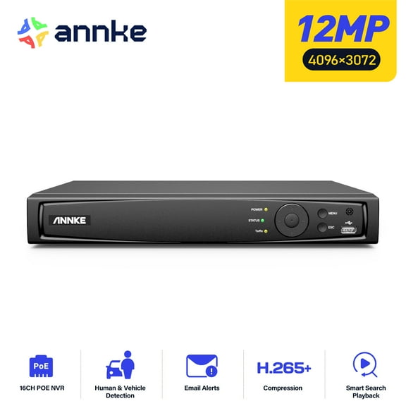 ANNKE 12MP 16 Channel PoE NVR with NOTB Hard Drive, Ultra HD Home Security Network Video Recorder Supports 12MP/8MP/5MP/6MP/4MP ANNKE PoE IP Cameras, 24/7 Surveillance Recording, 4CH AI Features