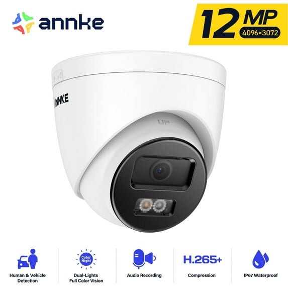 ANNKE 12MP H.265+ Security PoE IP Turret Camer, 134° Wide AI Angle Surveillance Dome Camera with Lntelligent Dual Light, Spotlight Color Night Vision, IP67 Weatherproof, Vehicle and Person Detection