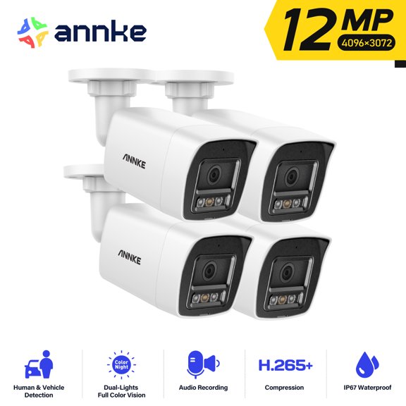 ANNKE 12MP Security PoE Camera, 4 PCS Bullet IP Cameras for Home Security, Smart Dual Light, Human& Vehicle Detection, 2.8mm Lens, Color Night Vision, Up to 512G Storage, Built-in Mic, H.265+