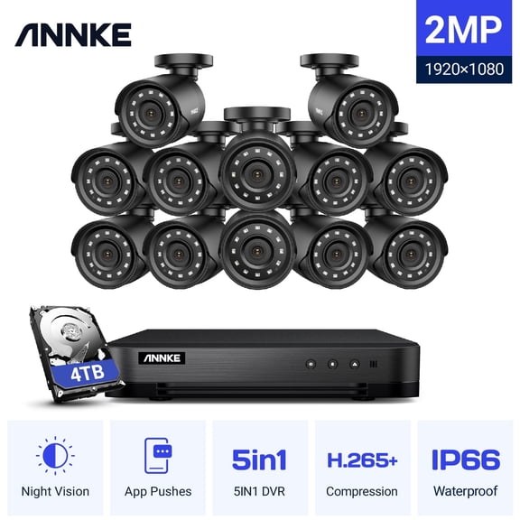 ANNKE 16-Channel 1080P DVR Security Camera System, 12 Weatherproof Cameras, IR Night Vision, 4TB HDD, Motion Detection