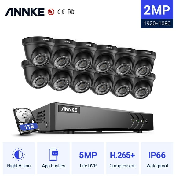 ANNKE 16CH 1080P Outdoor CCTV Video Home Security ,12PCS, IP66,Outdoor Weatherproof ,Black Dome Camera ,System Surveillance Kits ,with 1T Hard Drive Disk