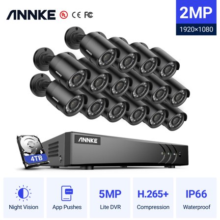 ANNKE 16CH 1080P Outdoor CCTV Video Home Security ,16PCS, IP66,Outdoor Weatherproof ,Black Bullet Camera ,System Surveillance Kits ,with 4T Hard Drive Disk