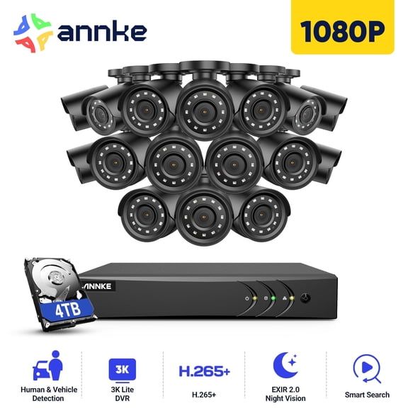 ANNKE 16CH 3K Lite FHD AI Surveillance Security Camera System with 4TB HDD and 16X 2MP Outdoor Weatherproof CCTV Cameras, Smart Human Vehicle Detection, Day/Night Vision, Smartphone Remote View