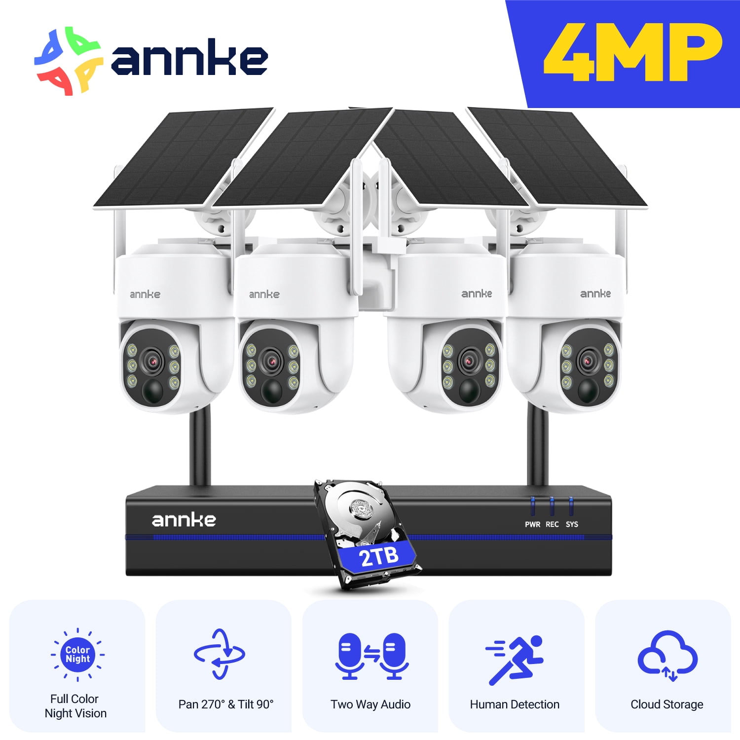 ANNKE 16CH Solar Security Camera System Outdoor Wireless, 4 x 4MP Cameras with 2TB HDD, 360° View, Color Night Vision, PIR Human Motion Detection, Two Way Audio