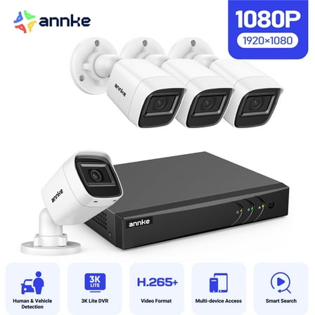 ANNKE 2MP Security Camera System, 8 Channel 3K Lite DVR Recorder with AI Motion Detection, 4X 1080P Add-on Wired Cameras with 65ft IR Night Vision, IP67, 3.6mm Lens, NO Hard Drive Included, White