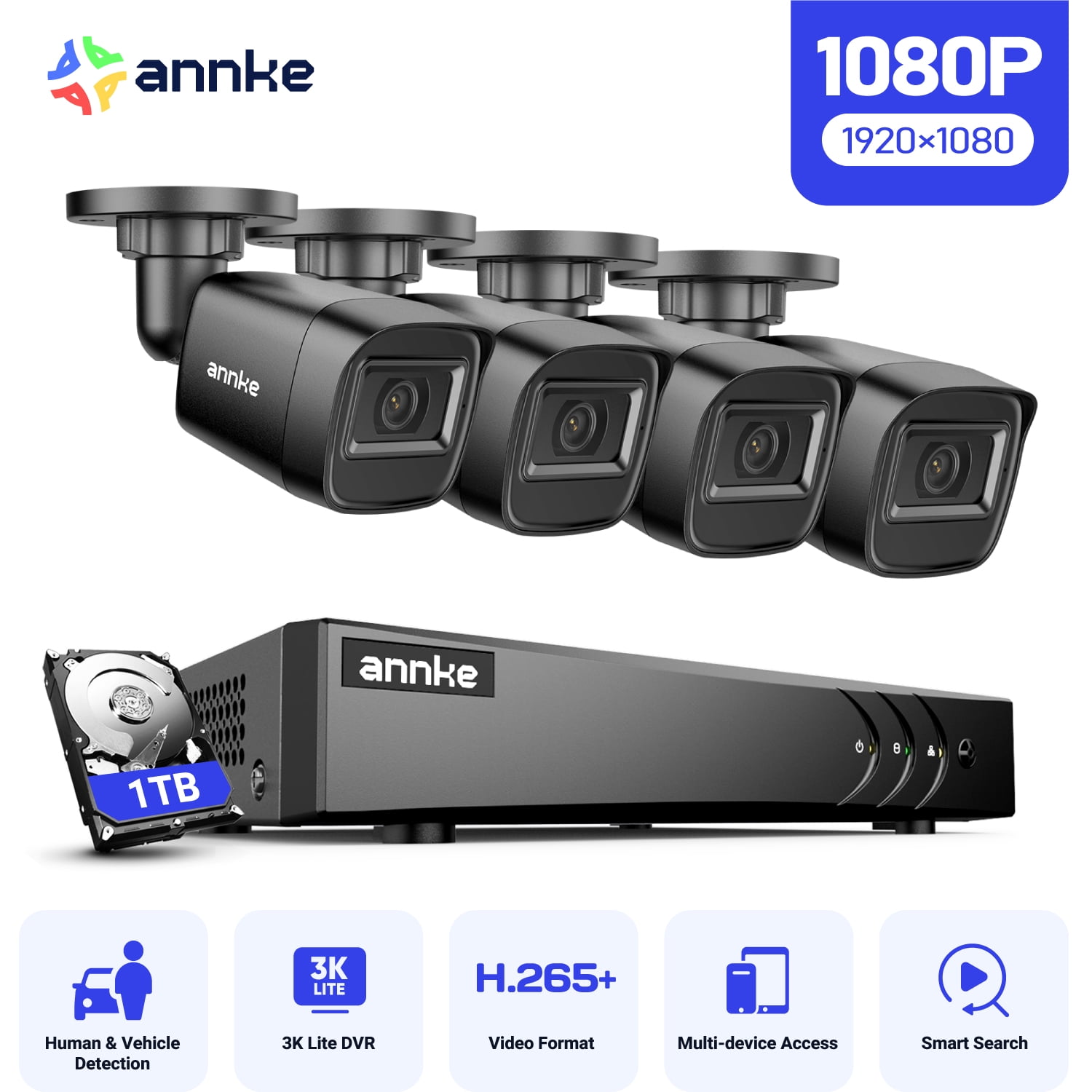 ANNKE 2MP Security Camera System, 8 Channel 3K Lite DVR Recorder with AI Motion Detection, 4X 1080P Add-on Wired Cameras with 65ft IR Night Vision, IP67, 3.6mm Lens, 1TB HDD, Black
