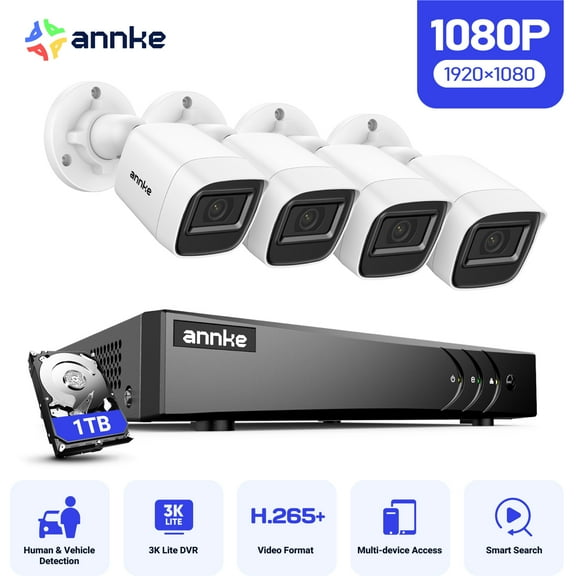 ANNKE 2MP Security Camera System, 8 Channel 3K Lite DVR Recorder with AI Motion Detection, 4X 1080P Add-on Wired Cameras with 65ft IR Night Vision, IP67, 3.6mm Lens, 1TB HDD, White