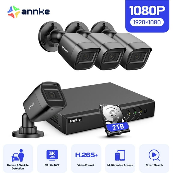 ANNKE 2MP Security Camera System, 8 Channel 3K Lite DVR Recorder with AI Motion Detection, 4X 1080P Add-on Wired Cameras with 65ft IR Night Vision, IP67, 3.6mm Lens, 2TB HDD, Black