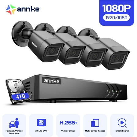 ANNKE 2MP Security Camera System, 8 Channel 3K Lite DVR Recorder with AI Motion Detection, 4X 1080P Add-on Wired Cameras with 65ft IR Night Vision, IP67, 3.6mm Lens, 4TB HDD, Black