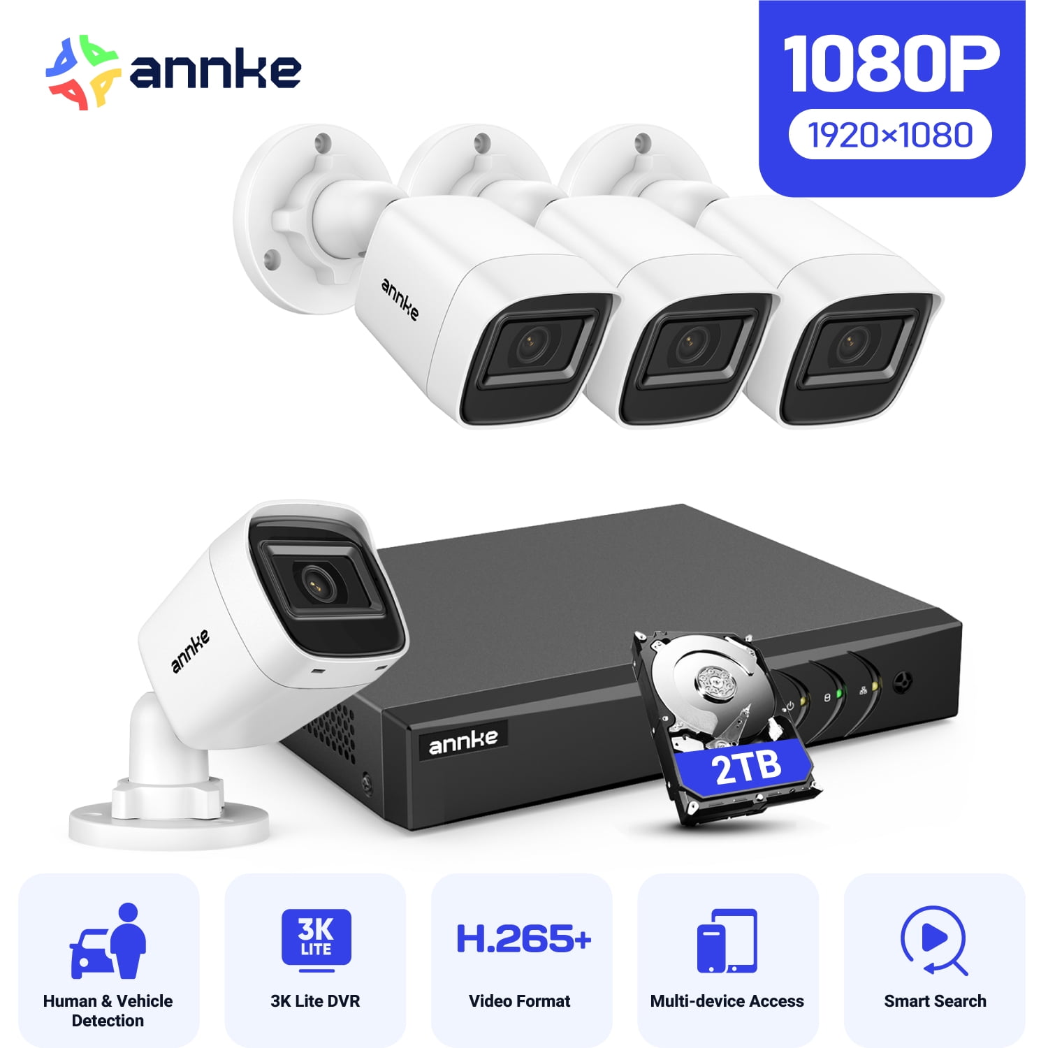 ANNKE 2MP Security Camera System, 8 Channel 3K Lite DVR Recorder with AI Motion Detection, 4X 1080P Add-on Wired Cameras with 65ft IR Night Vision, IP67, 3.6mm Lens, 2TB HDD, White